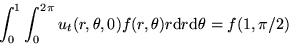 \begin{displaymath}
\int_0^1 \int_0^{2\pi} u_t(r,\theta,0) f(r,\theta)\/
r \/{\rm d} r\/ {\rm d}\theta = f(1,\pi/2) \end{displaymath}