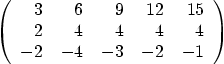 \begin{displaymath}
\left(
\begin{array}{rrrrr}
3 & 6 & 9 & 12 & 15 \\
2 & 4 & 4 & 4 & 4 \\
-2 & -4 & -3 & -2 & -1
\end{array} \right)
\end{displaymath}