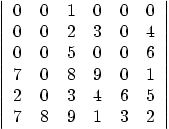 \begin{displaymath}
\left\vert
\begin{array}{cccccc}
0 & 0 & 1 & 0 & 0 & 0 \\...
... & 6 & 5 \\
7 & 8 & 9 & 1 & 3 & 2
\end{array} \right\vert
\end{displaymath}