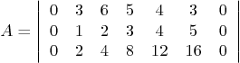 \begin{displaymath}
A =
\left\vert
\begin{array}{ccccccc}
0 & 3 & 6 & 5 & 4 ...
...5 & 0 \\
0 & 2 & 4 & 8 &12 &16 & 0
\end{array} \right\vert
\end{displaymath}