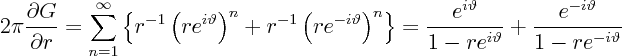 \begin{displaymath}
2\pi \frac{\partial G}{\partial r} =
\sum_{n=1}^\infty
...
...^{i\vartheta}} +
\frac{e^{-i\vartheta}}{1-re^{-i\vartheta}}
\end{displaymath}
