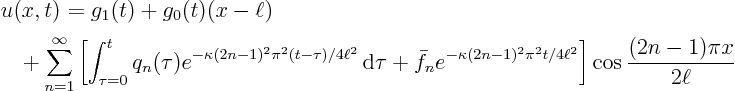 \begin{displaymath}
\begin{array}{l}
\displaystyle
u(x,t)_{\strut} = g_1(t...
...ll^2}
\right]
\cos\frac{(2n-1)\pi x}{2\ell}
\end{array}
\end{displaymath}