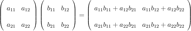 \begin{displaymath}
\left(
\begin{array}{ll}
a_{11} & a_{12} \\
a_{21} ...
...{21} & a_{21} b_{12} + a_{22} b_{22}
\end{array}
\right)
\end{displaymath}