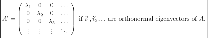 \begin{displaymath}
\fbox{$\displaystyle
A' =
\left(
\begin{array}{cccc}...
...th}'_2\ldots$ are orthonormal eigenvectors
of $A$.}
$}
%
\end{displaymath}