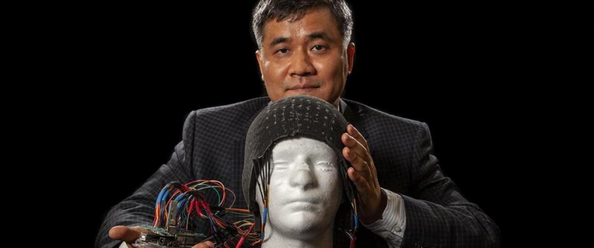 Dr. Chad Zeng and his prototype helmet foam